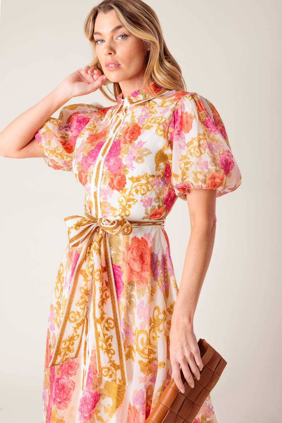 MAKING IT RIGHT IVORY FLORAL WOVEN MIDI DRESS Flying Tomato